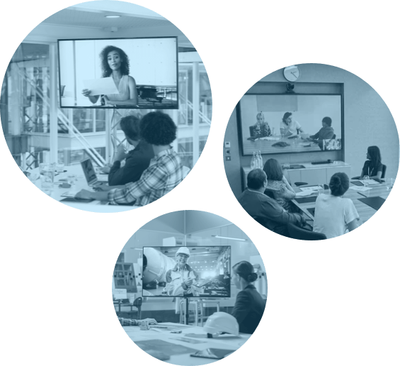 A group of images showing various video conferencing examples