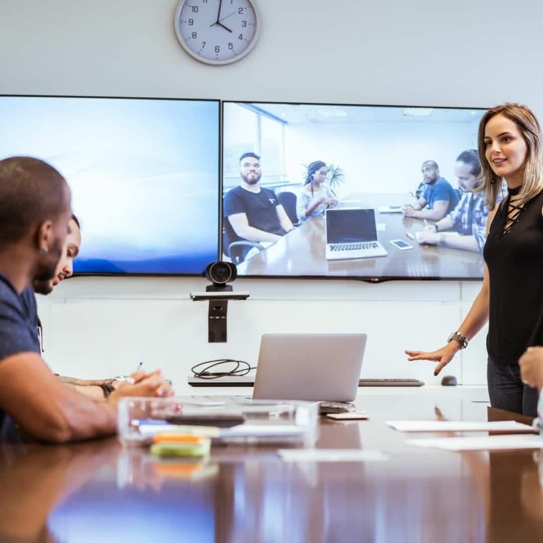 Video Conference room with webcam set at eye level