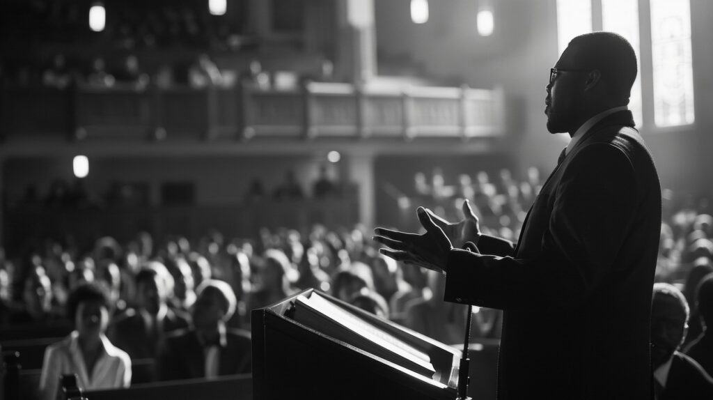 A black and white photo of a pastor standing at the pulpit delivering an impassioned sermon to a full church. The church AV system allows effective delivery of his message.