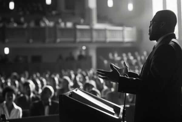 A black and white photo of a pastor standing at the pulpit delivering an impassioned sermon to a full church. The church AV system allows effective delivery of his message.